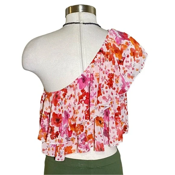 Floral Print One Shoulder Ruffle Trim Top - Picture 4 of 15